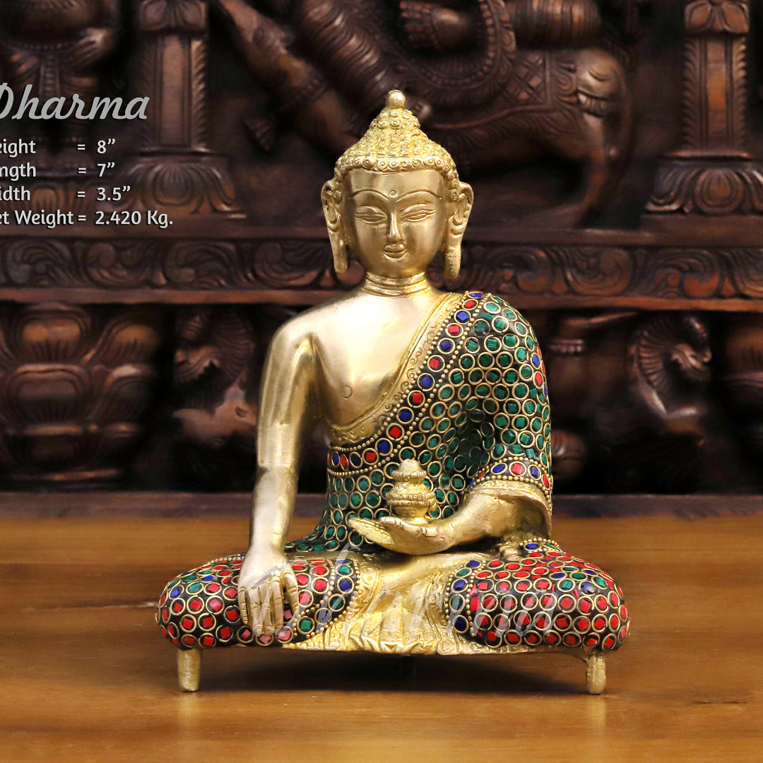 Brass Buddha Idol, Meditating Buddha,  Golden & Stone work 8" Front View