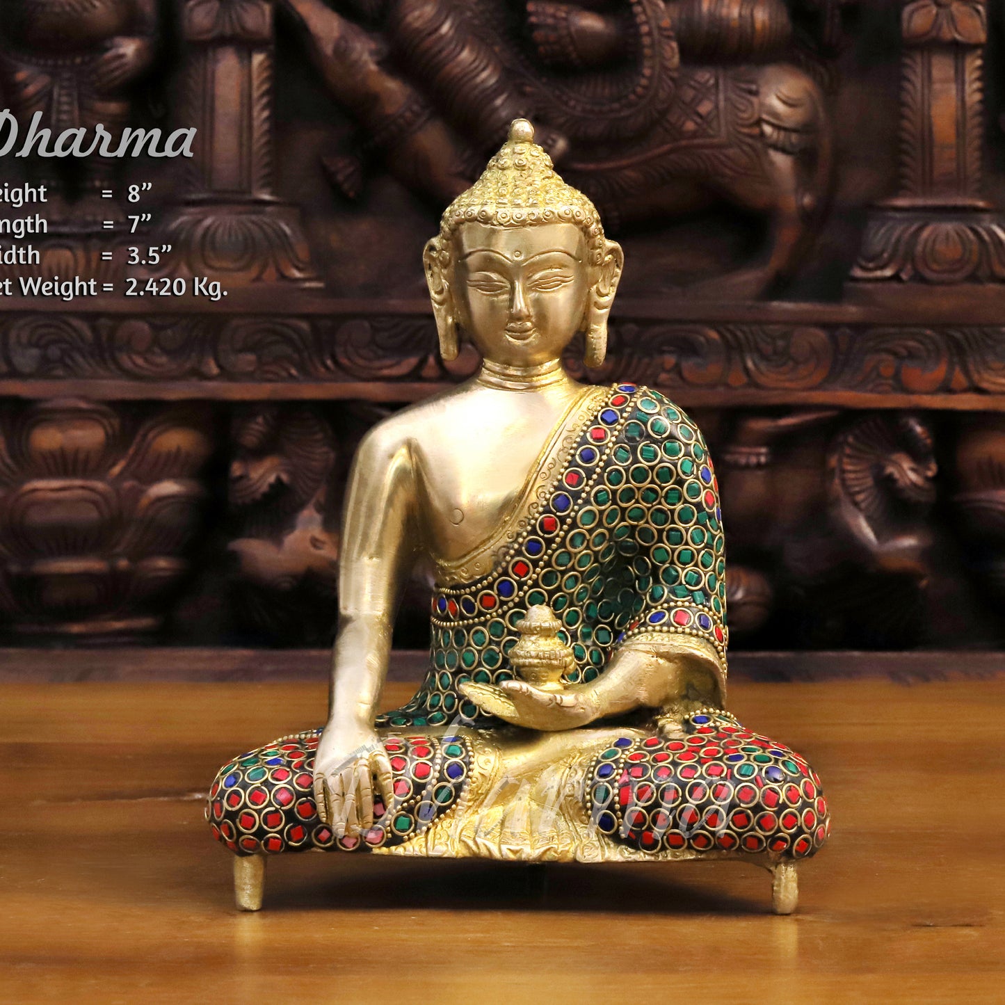 Brass Buddha Idol, Meditating Buddha,  Golden & Stone work 8" Front View