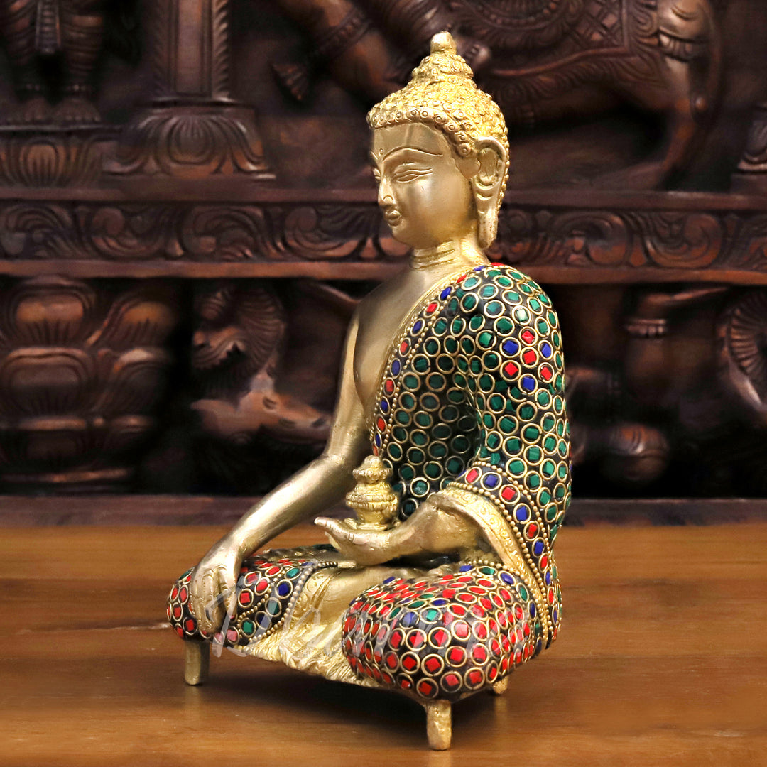 Brass Buddha Idol, Meditating Buddha,  Golden & Stone work 8"