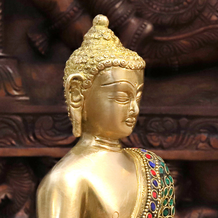 Brass Buddha Idol, Meditating Buddha,  Golden & Stone work 8"