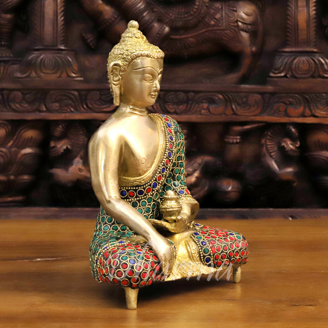 Brass Buddha Idol, Meditating Buddha,  Golden & Stone work 8"