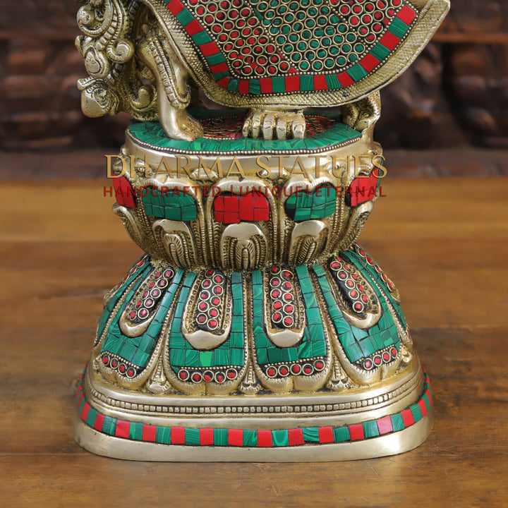 Brass Radha Krishna Idol, Eternal Love, Standing on Lotus Pedastal, Fine Golden and Stone Work 30"