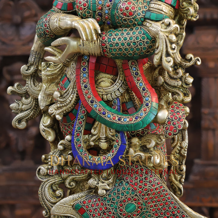 Brass Radha Krishna Idol, Eternal Love, Standing on Lotus Pedastal, Fine Golden and Stone Work 30"