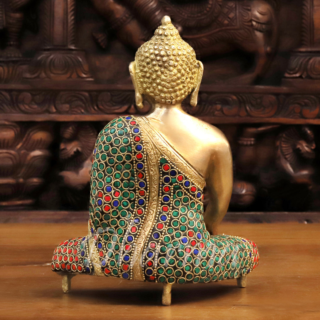 Brass Buddha Idol, Meditating Buddha,  Golden & Stone work 8"