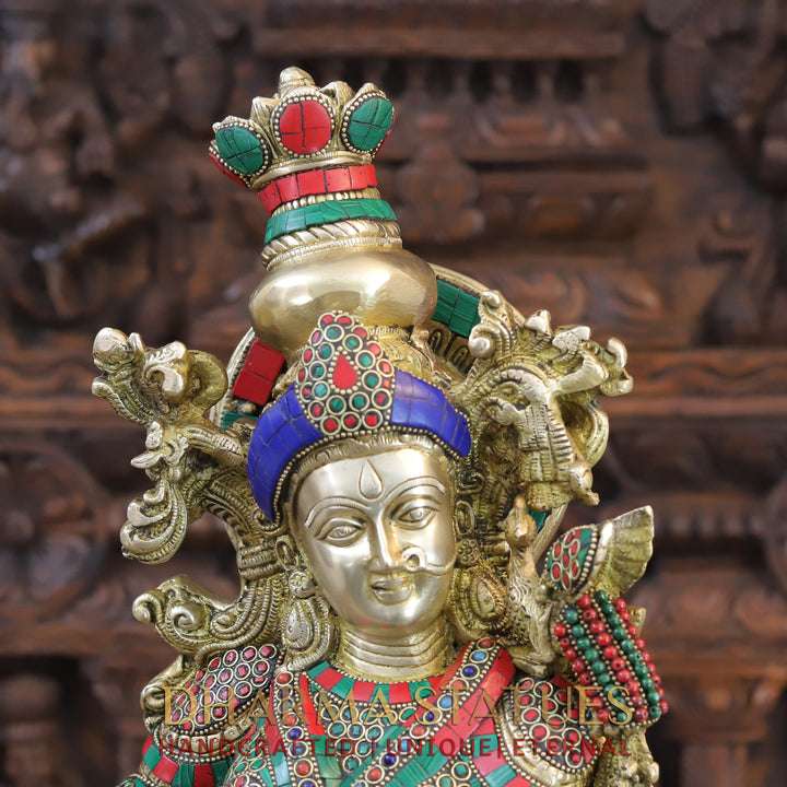 Brass Radha Krishna Idol, Eternal Love, Standing on Lotus Pedastal, Fine Golden and Stone Work 30"