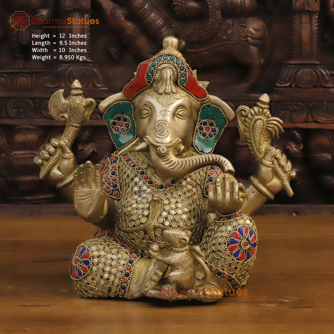 Brass Lord Ganesha Statue, Golden and Stone Work 12" Front View