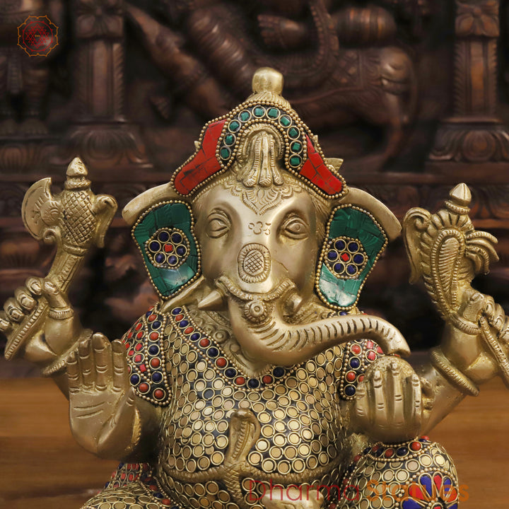 Brass Lord Ganesha Statue, Golden and Stone Work 12"