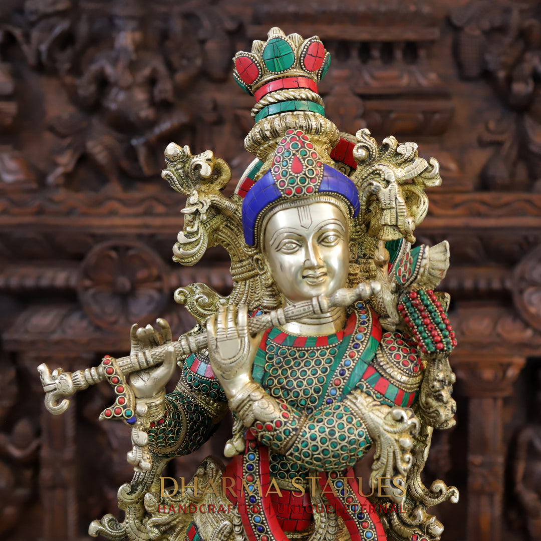 Brass Radha Krishna Idol, Eternal Love, Standing on Lotus Pedastal, Fine Golden and Stone Work 30"