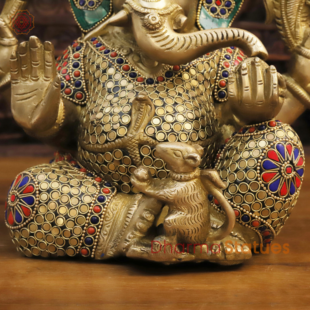 Brass Lord Ganesha Statue, Golden and Stone Work 12"