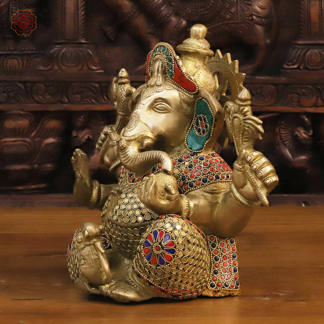 Brass Lord Ganesha Statue, Golden and Stone Work 12"