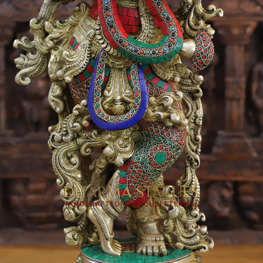 Brass Radha Krishna Idol, Eternal Love, Standing on Lotus Pedastal, Fine Golden and Stone Work 30"