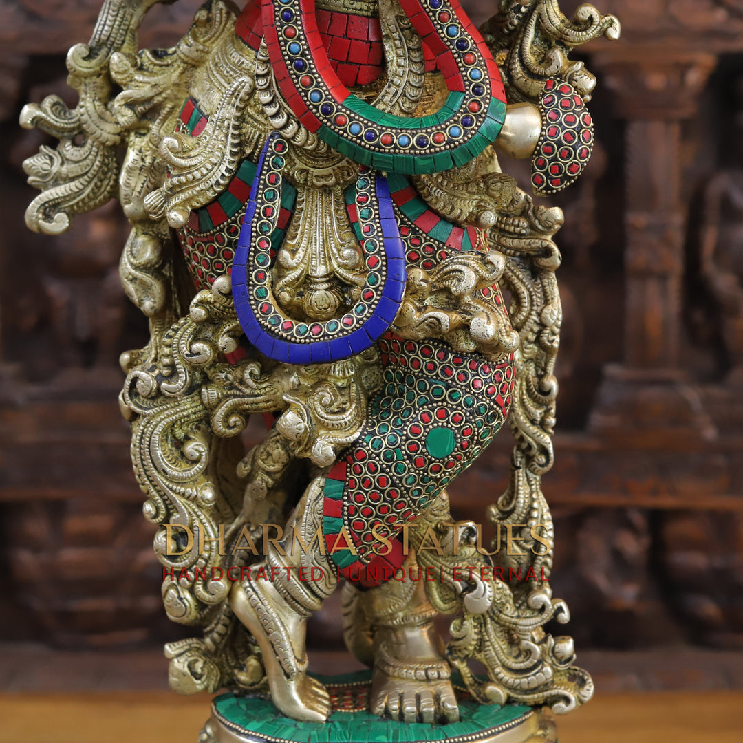 Brass Lord Krishna Idol, Melodic Blossom on Pedastal, Stone and Golden Work 30"