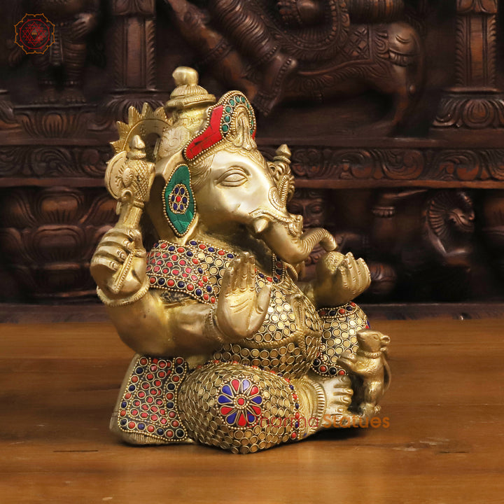 Brass Lord Ganesha Statue, Golden and Stone Work 12"