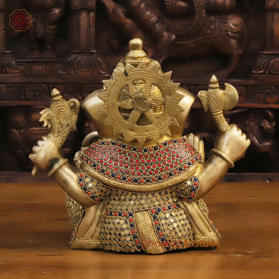 Brass Lord Ganesha Statue, Golden and Stone Work 12"