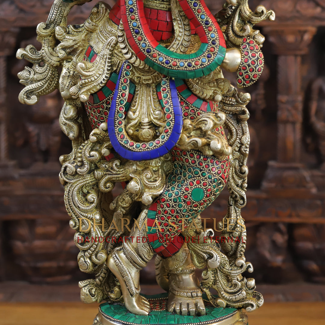 Brass Lord Krishna Idol, Melodic Blossom on Pedastal, Stone and Golden Work 30"