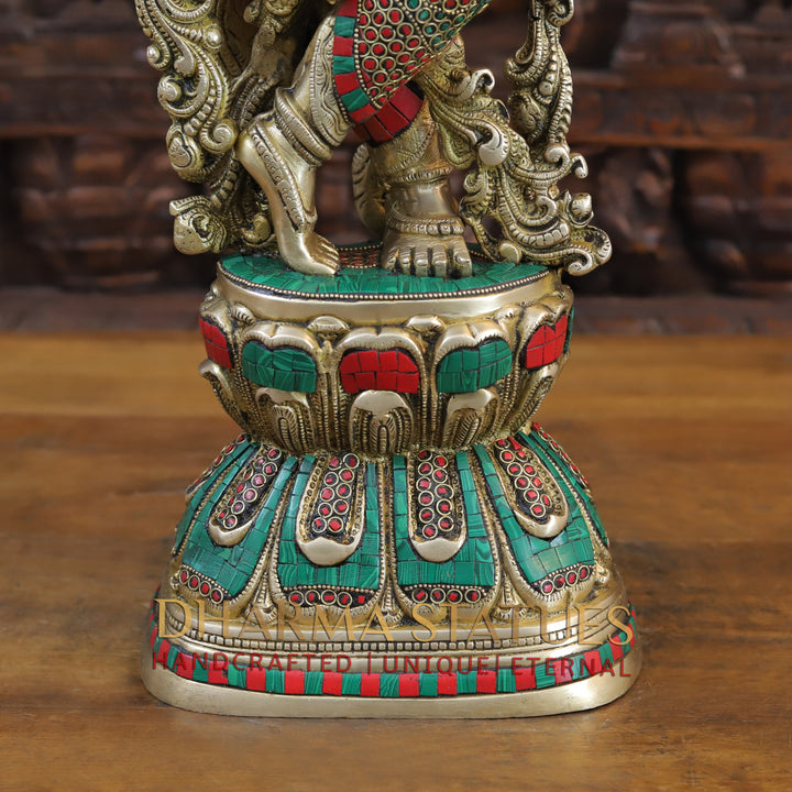 Brass Radha Krishna Idol, Eternal Love, Standing on Lotus Pedastal, Fine Golden and Stone Work 30"