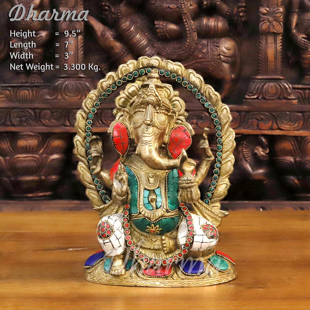 Brass Lord Ganesha Idol, Seated, Fine Golden & Stone work 9.5" Front View