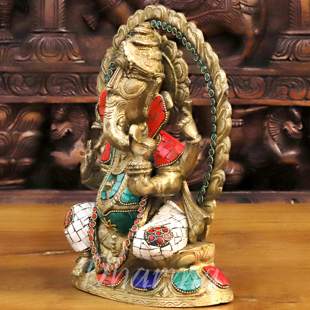 Brass Lord Ganesha Idol, Seated, Fine Golden & Stone work 9.5"