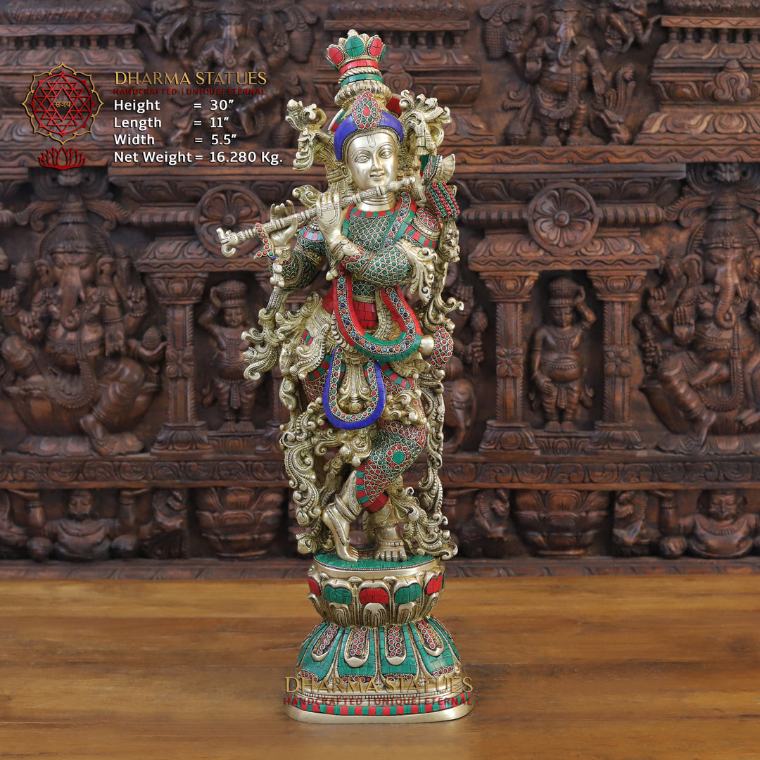 Brass Lord Krishna Idol, Playing Flute, Stone and Golden Work 30" Front View