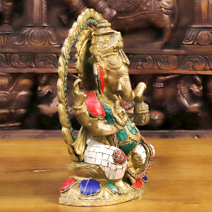 Brass Lord Ganesha Idol, Seated, Fine Golden & Stone work 9.5"