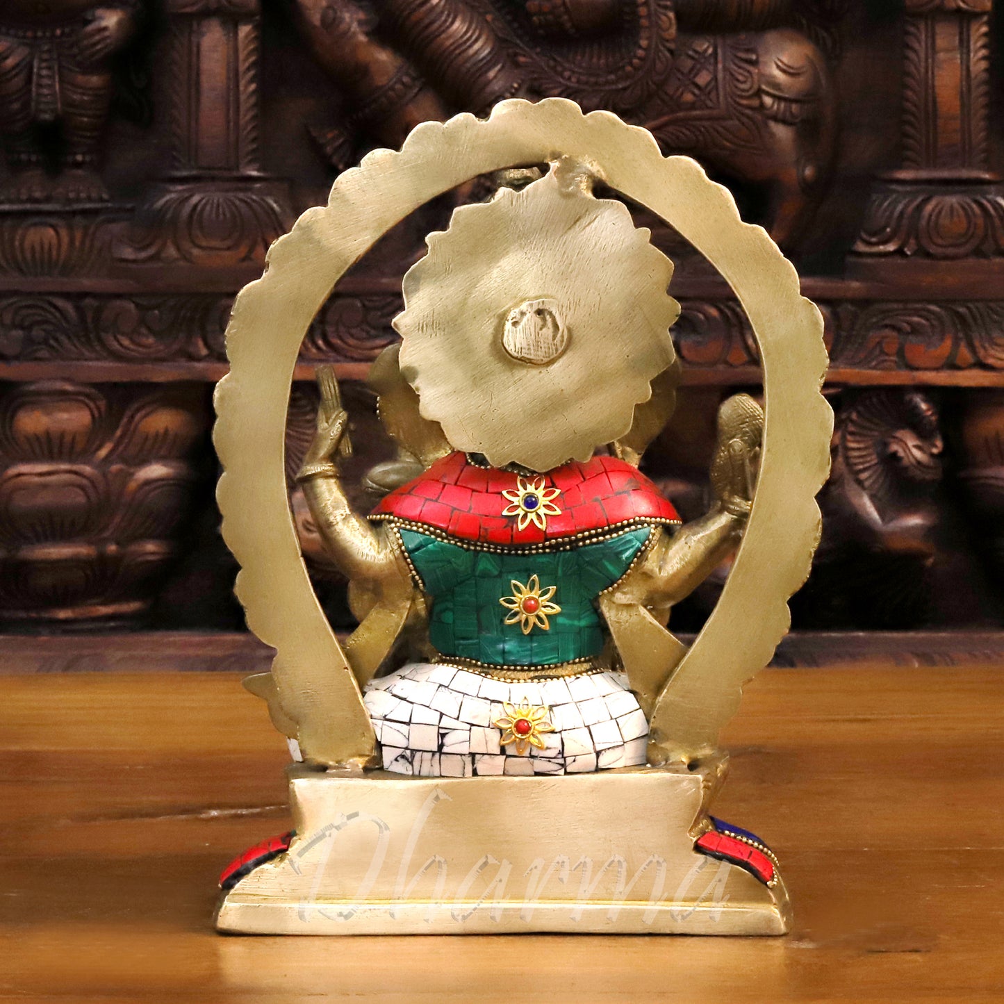 Brass Lord Ganesha Idol, Seated, Fine Golden & Stone work 9.5"
