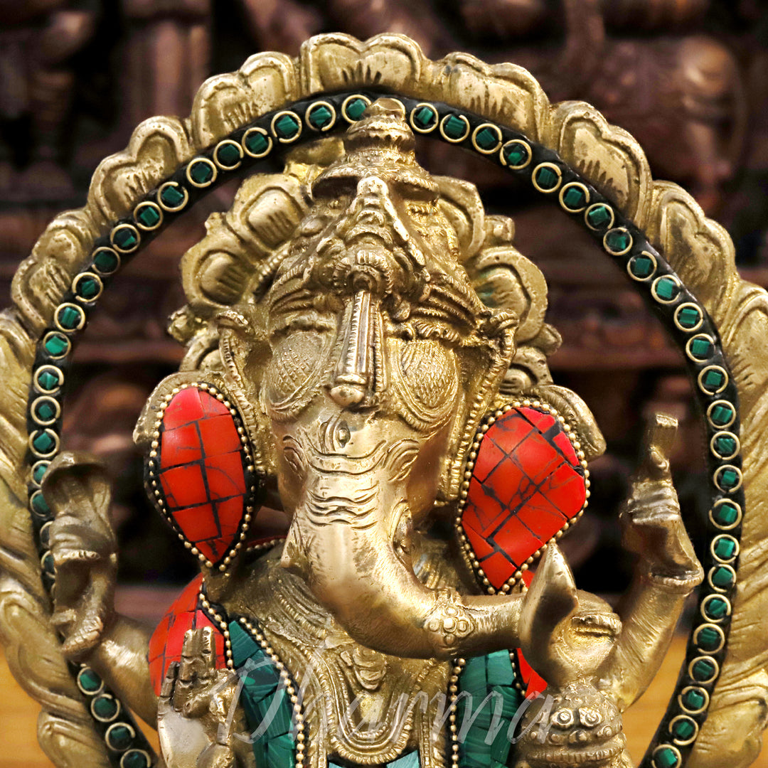 Brass Lord Ganesha Idol, Seated, Fine Golden & Stone work 9.5"