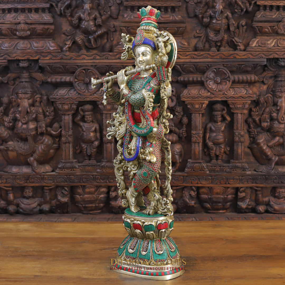 Brass Lord Krishna Idol, Melodic Blossom on Pedastal, Stone and Golden Work 30"