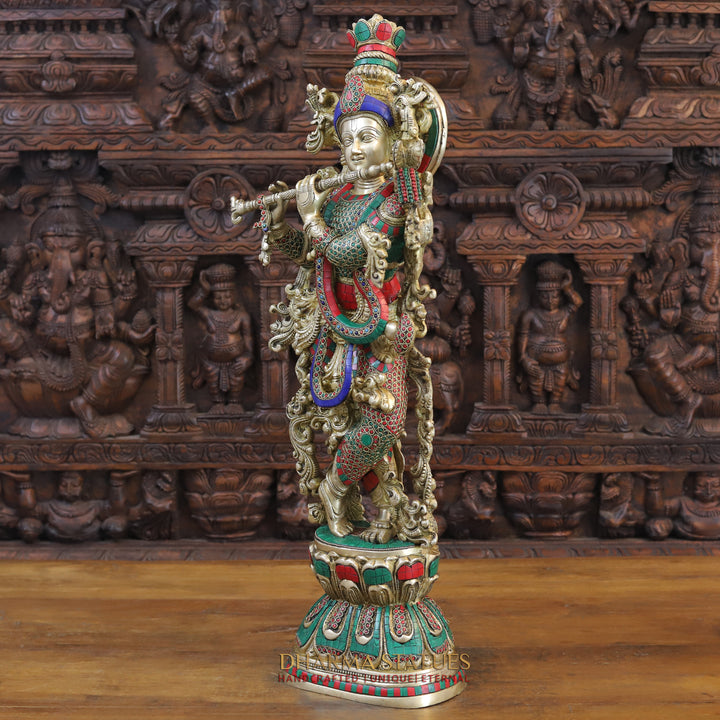 Brass Lord Krishna Idol, Melodic Blossom on Pedastal, Stone and Golden Work 30"