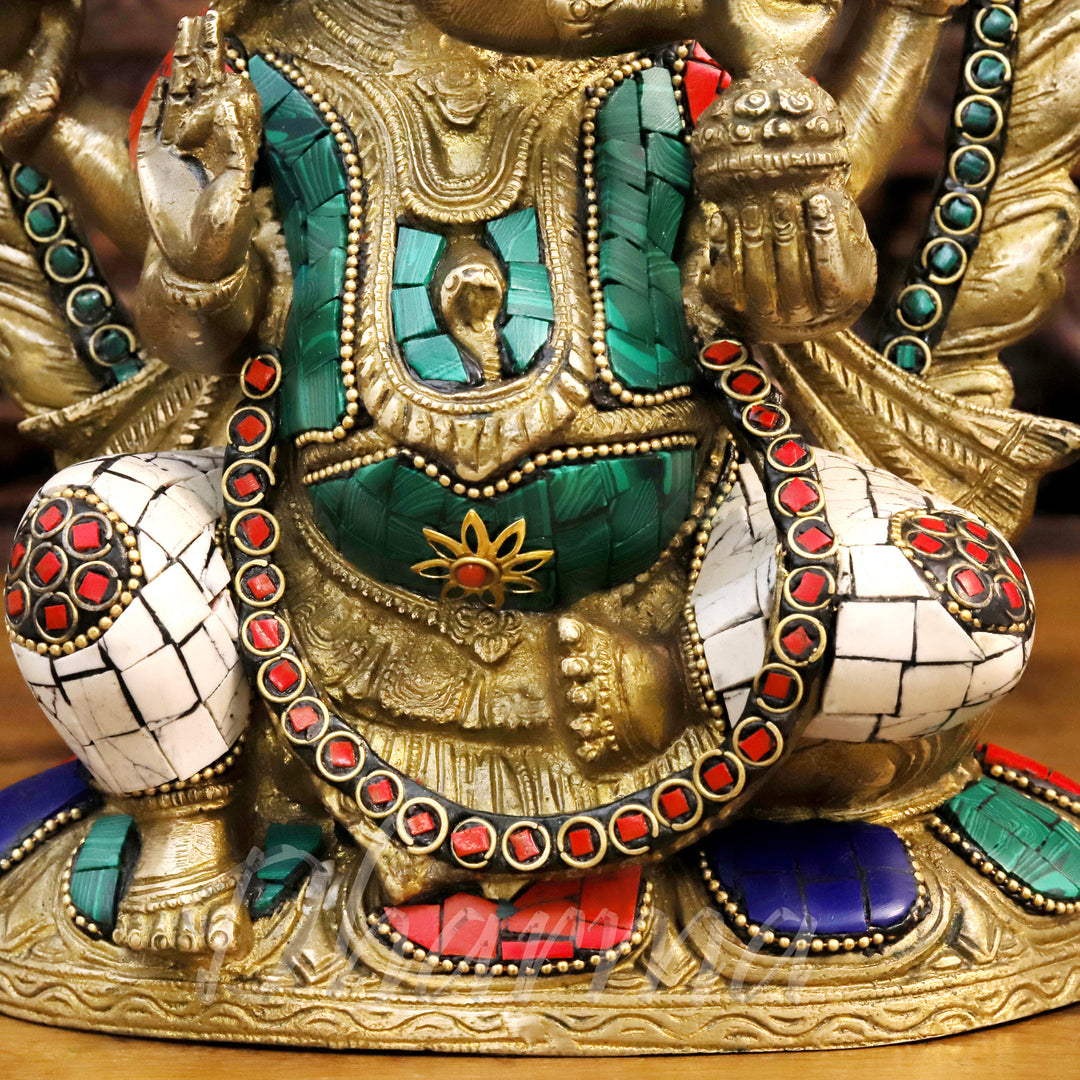 Brass Lord Ganesha Idol, Seated, Fine Golden & Stone work 9.5"