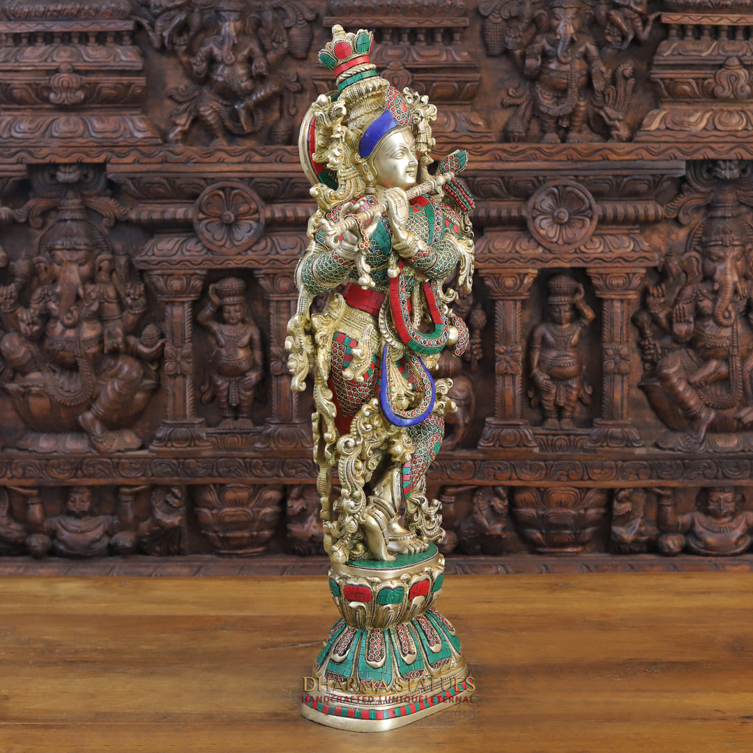 Brass Lord Krishna Idol, Melodic Blossom on Pedastal, Stone and Golden Work 30"