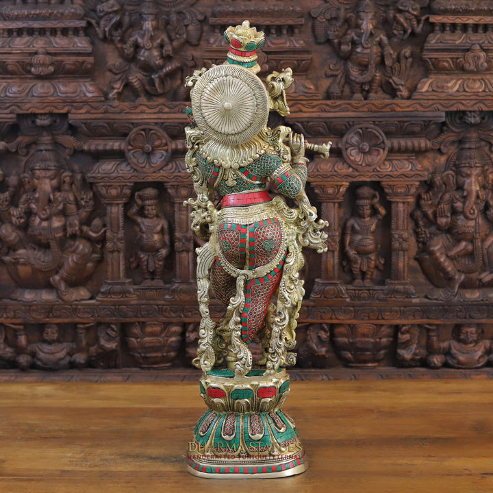 Brass Lord Krishna Idol, Melodic Blossom on Pedastal, Stone and Golden Work 30"