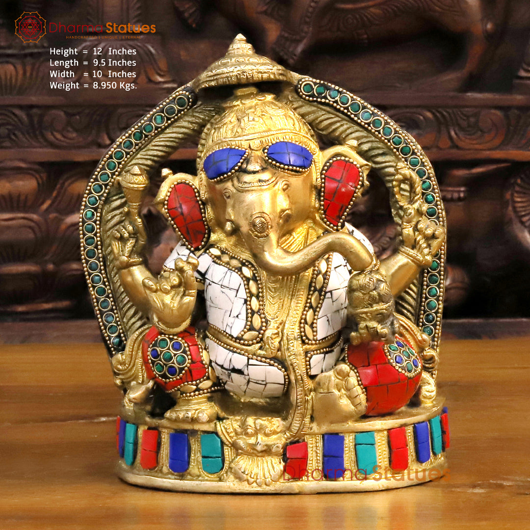 Brass Lord Ganesha Idol, Seated on Pedestal Golden & Stone work 12" Front View