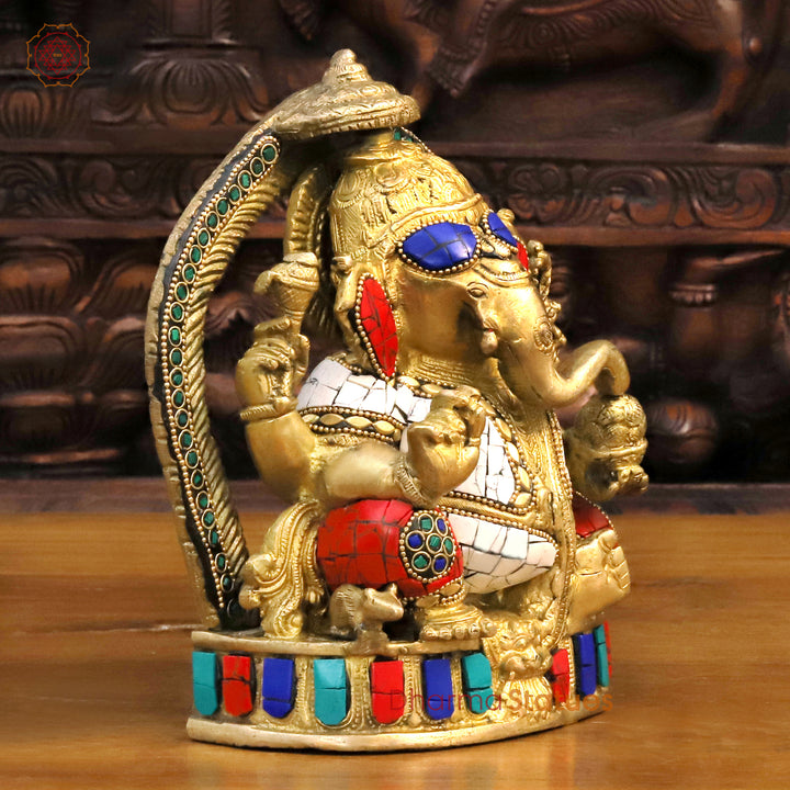 Brass Lord Ganesha Idol, Seated on Pedestal Golden & Stone work 12"