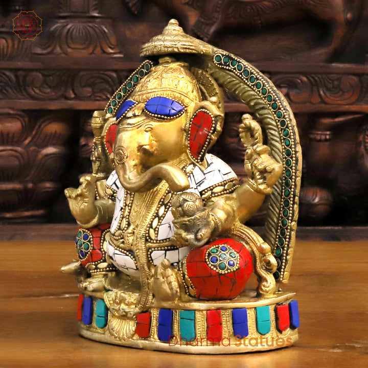 Brass Lord Ganesha Idol, Seated on Pedestal Golden & Stone work 12"