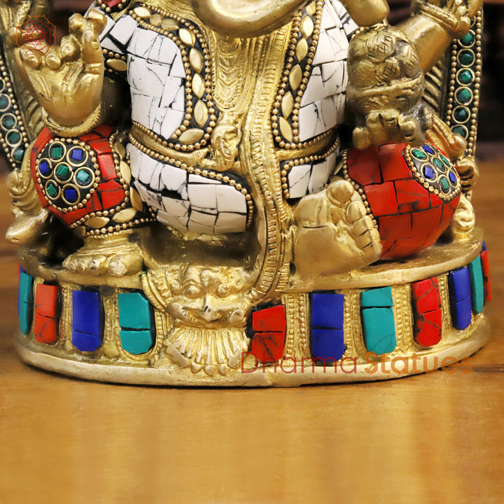 Brass Lord Ganesha Idol, Seated on Pedestal Golden & Stone work 12"