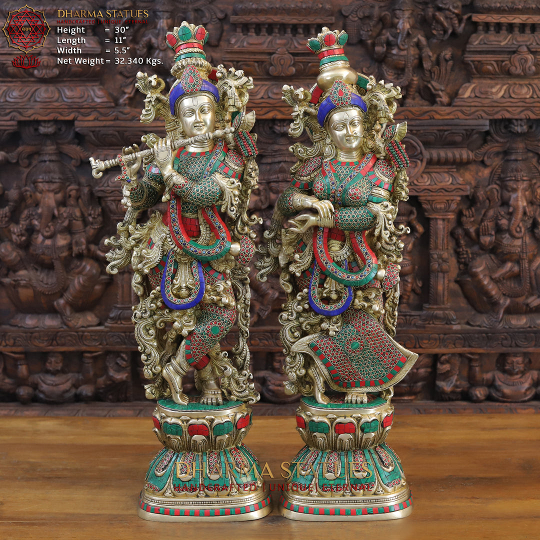 Brass Radha Krishna Statue, Standing on a Lotus, Fine Golden and Stone Work 30" Front View