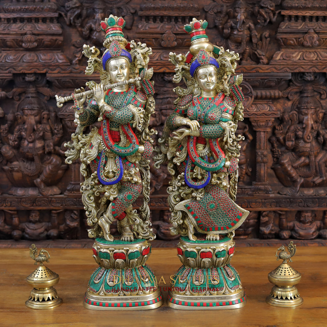 Brass Radha Krishna Idol, Eternal Love, Standing on Lotus Pedastal, Fine Golden and Stone Work 30"