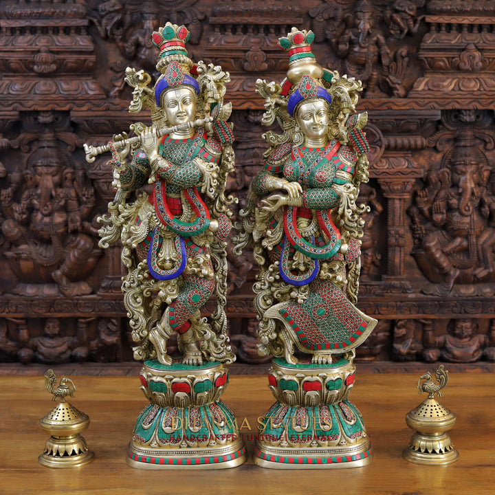 Brass Radha Krishna Idol, Eternal Love, Standing on Lotus Pedastal, Fine Golden and Stone Work 30"