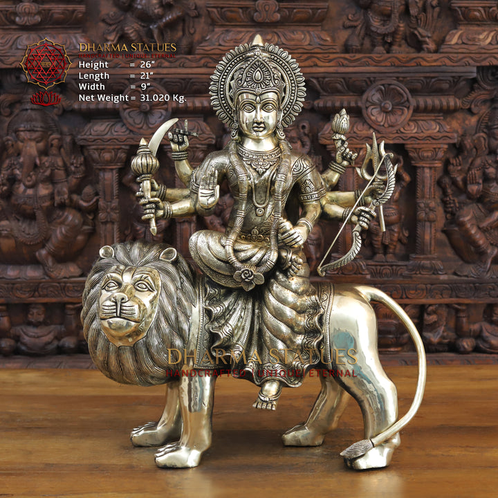 Brass Durga Idol, Seated on a Lion, Fine Golden Finish 26" Front View