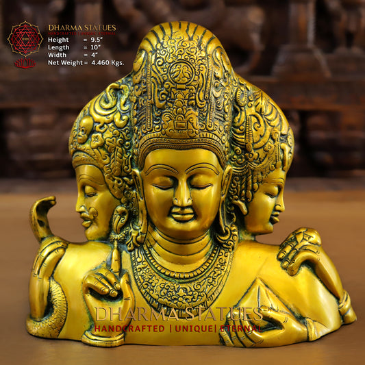 Brass Trimurti of Brahma, Vishnu & Mahesh, Green patina & Golden Finish, 9.5"
