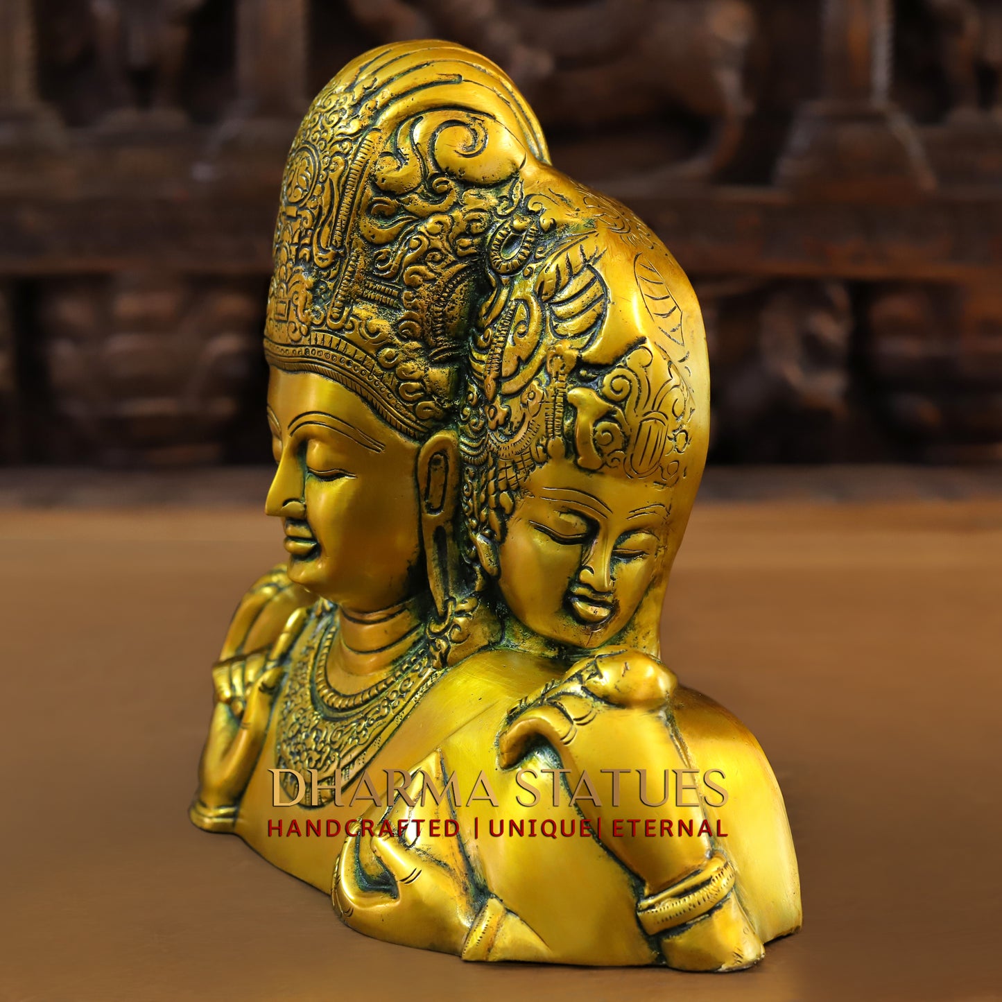 Brass Trimurti of Brahma, Vishnu & Mahesh, Green patina & Golden Finish, 9.5"