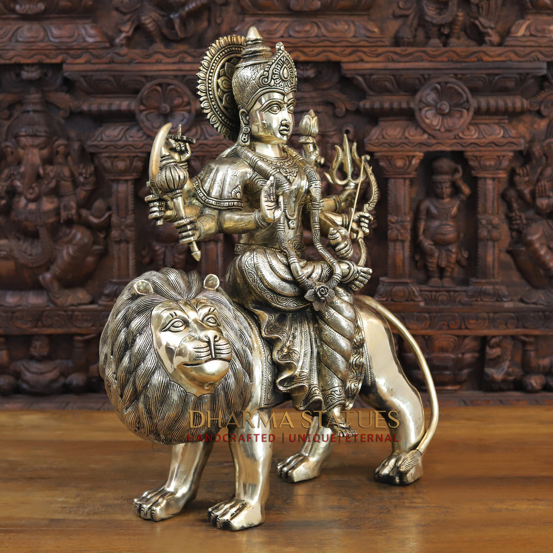 Brass Majestic Durga Statue, Seated on a Lion, Antique Gold Finish, 26"