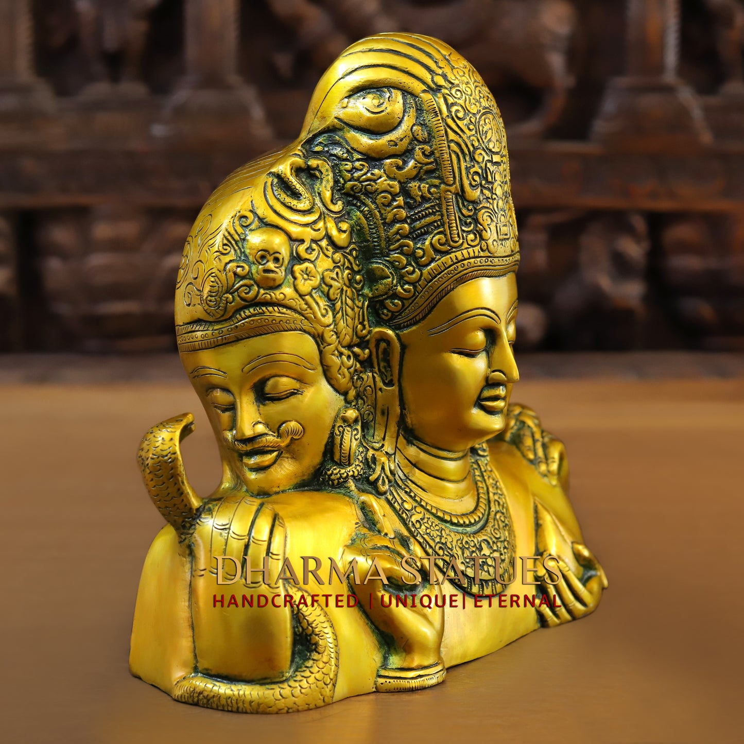 Brass Trimurti of Brahma, Vishnu & Mahesh, Green patina & Golden Finish, 9.5"