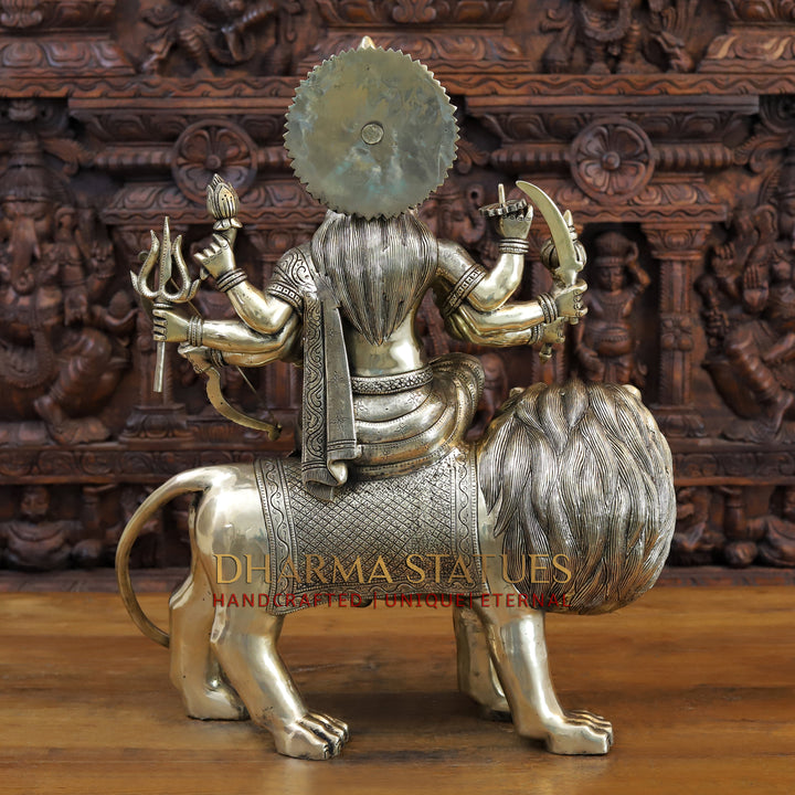 Brass Majestic Durga Statue, Seated on a Lion, Antique Gold Finish, 26"