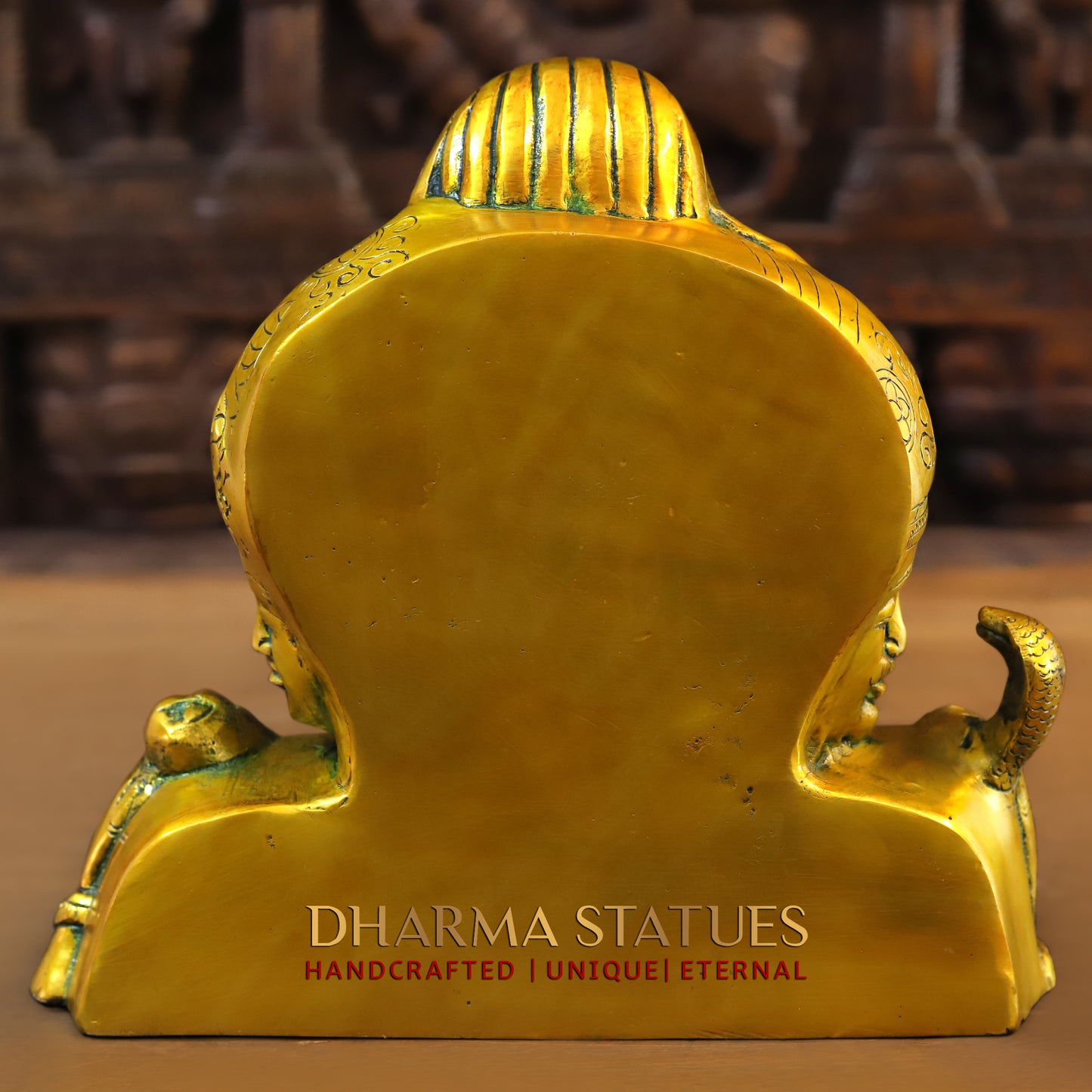 Brass Trimurti of Brahma, Vishnu & Mahesh, Green patina & Golden Finish, 9.5"