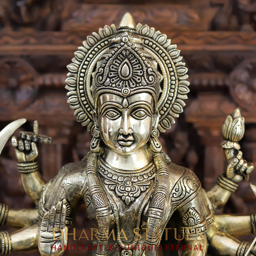 Brass Majestic Durga Statue, Seated on a Lion, Antique Gold Finish, 26"