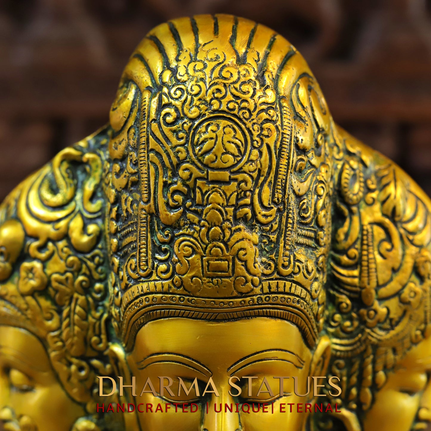 Brass Trimurti of Brahma, Vishnu & Mahesh, Green patina & Golden Finish, 9.5"