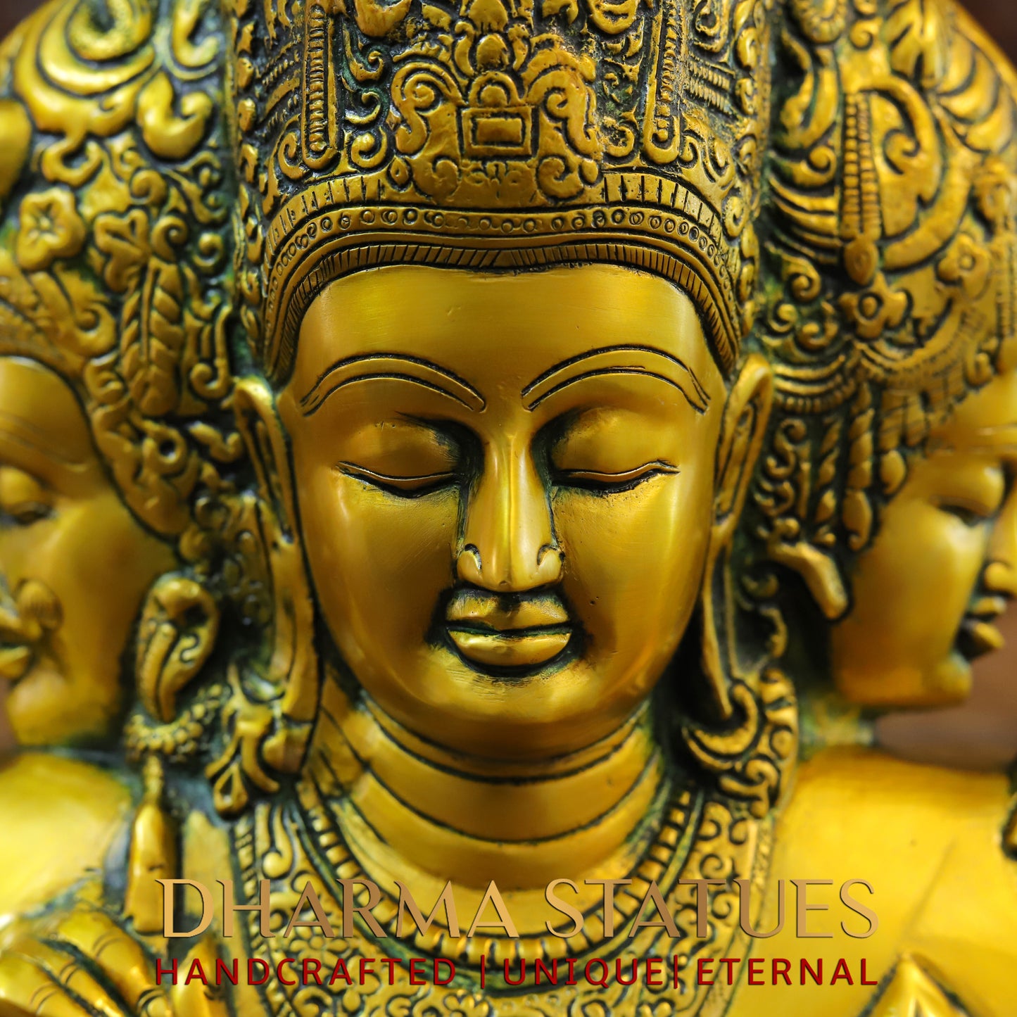 Brass Trimurti of Brahma, Vishnu & Mahesh, Green patina & Golden Finish, 9.5"