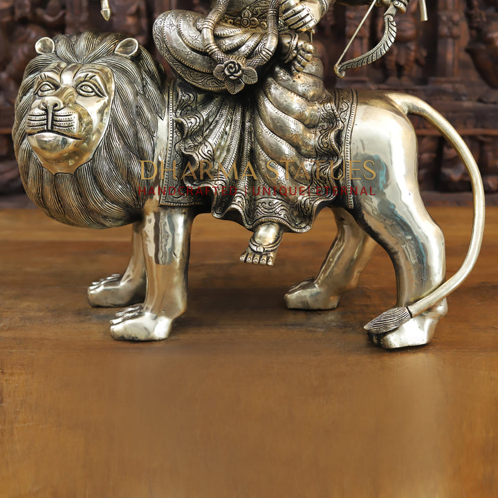 Brass Majestic Durga Statue, Seated on a Lion, Antique Gold Finish, 26"