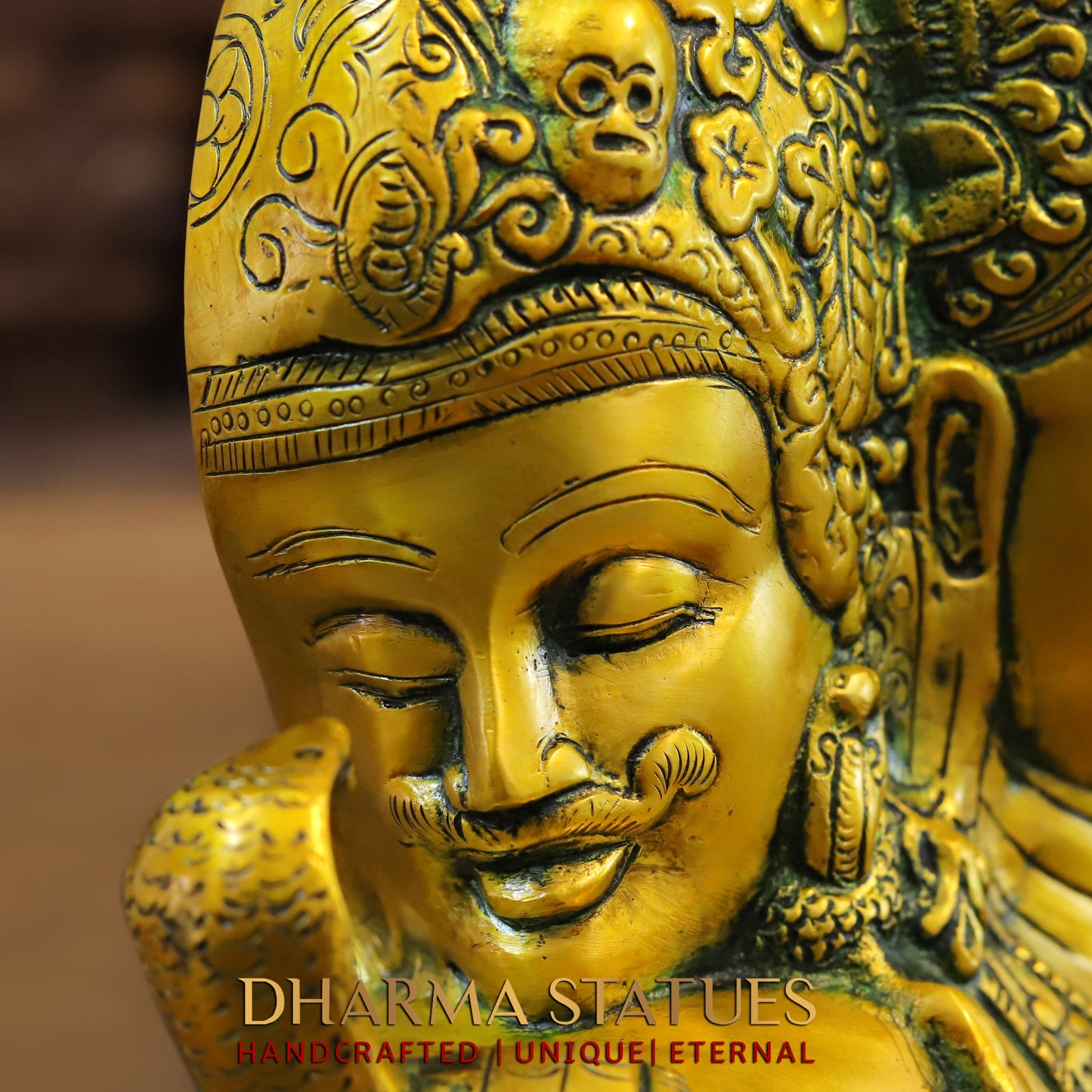 Brass Trimurti of Brahma, Vishnu & Mahesh, Green patina & Golden Finish, 9.5"